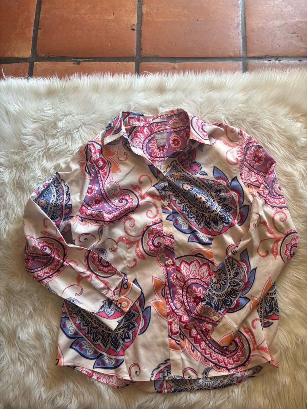 Chico's Cream Button-Down Shirt with Pink & Blue Paisley
